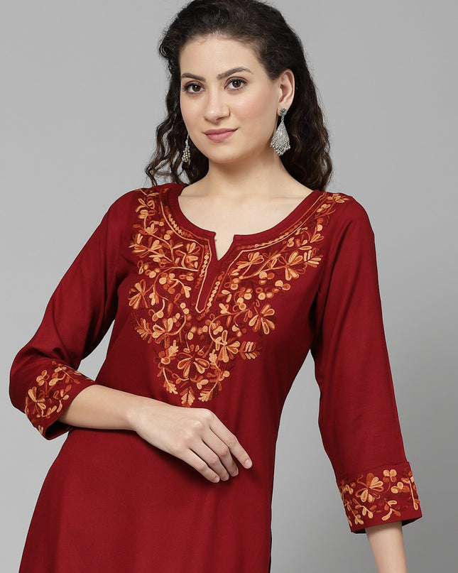 Maroon A-Line Aari Long Kurti For Women