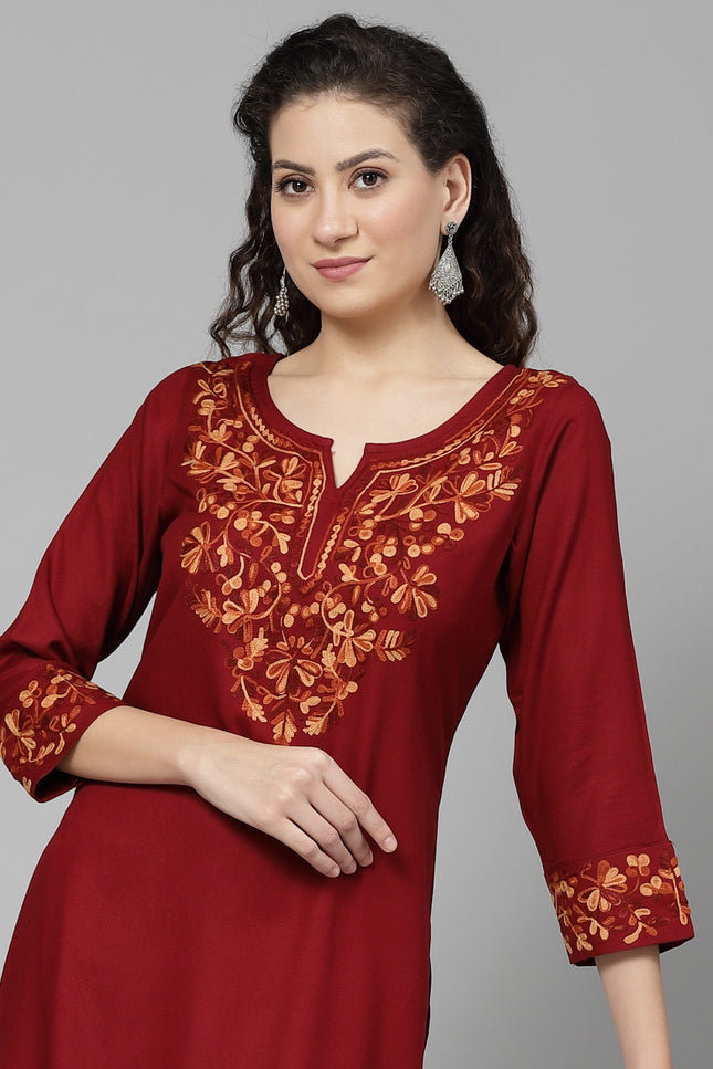 Maroon A-Line Aari Long Kurti For Women