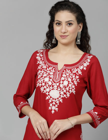 Red Offwhite Aari Long Kurti For Women