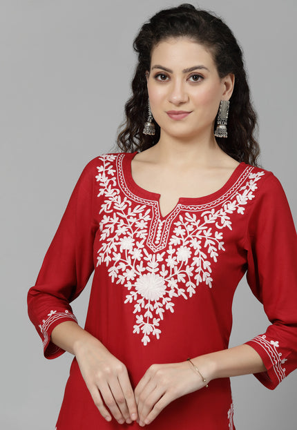 Red Offwhite Aari Long Kurti For Women