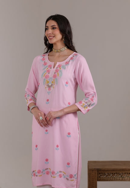 Qazmi Women Aari Embroidered Viscose Rayon Straight Kurta