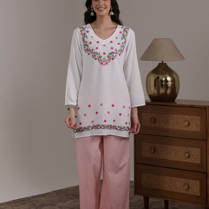 Qazmi Women's Aari Embroidered Viscose Rayon Full Sleeves Straight Kurti