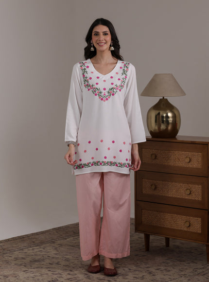 Qazmi Women's Aari Embroidered Viscose Rayon Full Sleeves Straight Kurti