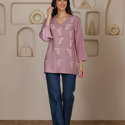 Qazmi Women Kashmiri Aari Embroidered Viscose Rayon Flared Sleeves Short Kurti