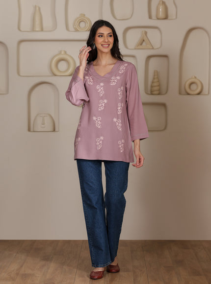 Qazmi Women Kashmiri Aari Embroidered Viscose Rayon Flared Sleeves Short Kurti