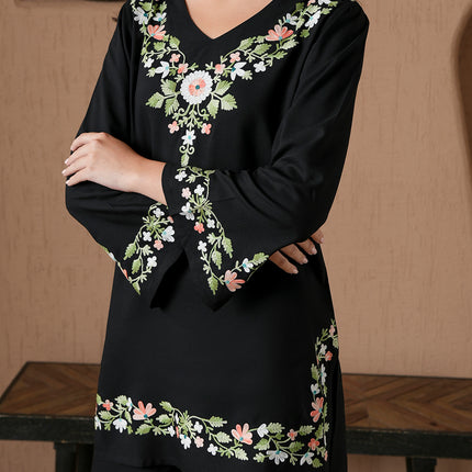 Qazmi Women's Aari Work V-Neck Black CoOrd Set