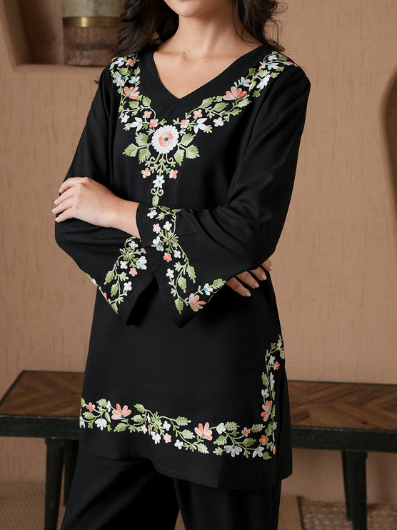 Qazmi Women's Aari Work V-Neck Black CoOrd Set