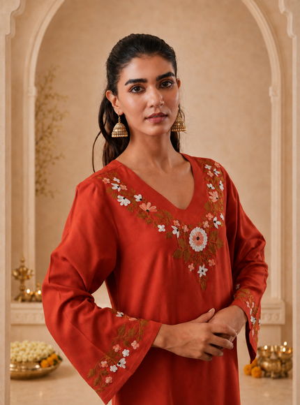 Qazmi Women's Aari Work V-Neck Black CoOrd Set
