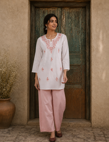 Qazmi Women's Aari Embroidered Pure Cotton Short Kurta