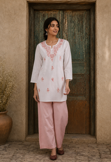 Qazmi Women's Aari Embroidered Pure Cotton Short Kurta