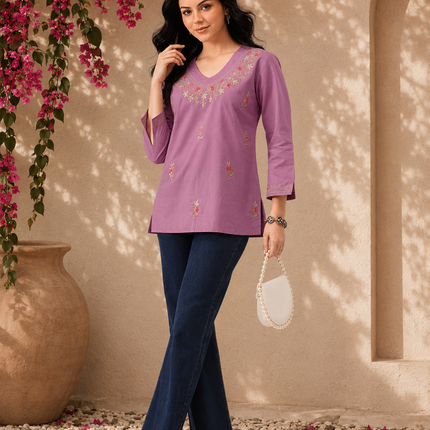 Qazmi Women's Raisa Kashmiri Aari Work V-Neck White Kurti