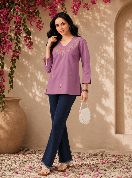 Qazmi Women's Raisa Kashmiri Aari Work V-Neck White Kurti