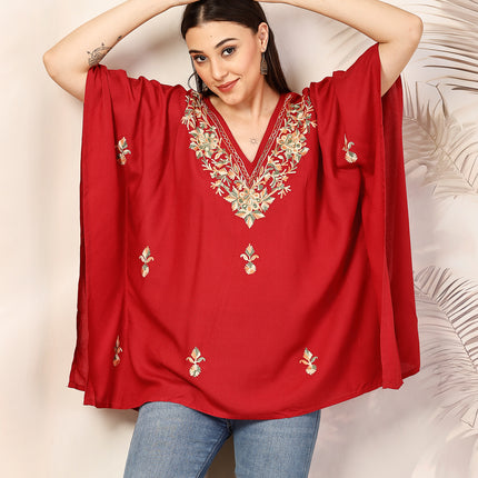Qazmi Hannah V-Neck Flared Sleeves Aari Work Kaftan Kurti