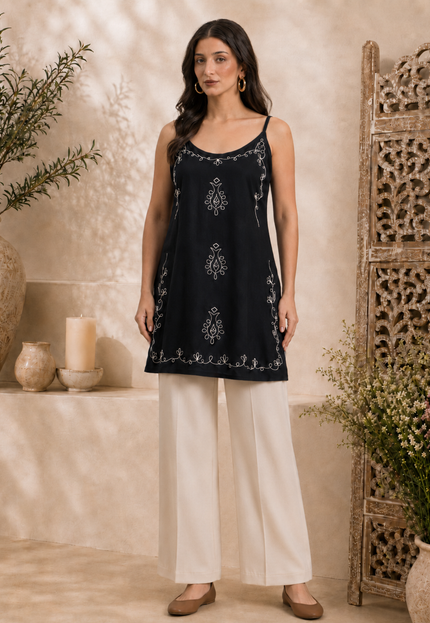 Qazmi Women Embroidered Viscose Rayon Sleeveless Embroidered Kurti