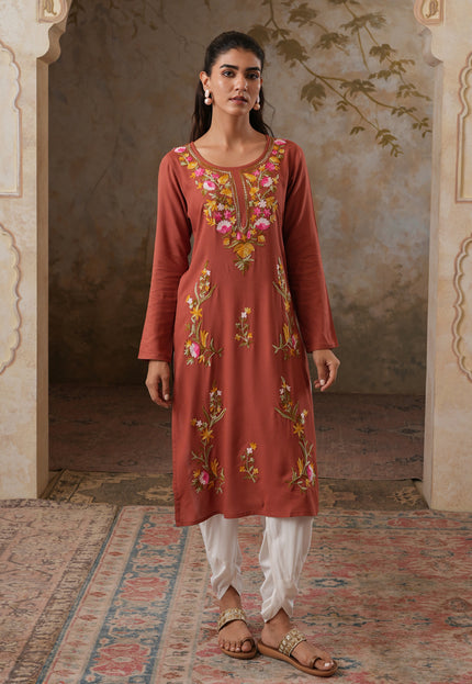 Qazmi Women's Sahar Kashmiri Aari Work Straight Kurta