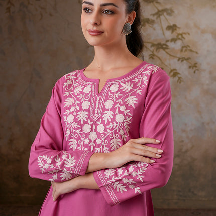 Qazmi Women's Kashmiri A-Line Full Sleeves Viscose Rayon Black Flared Short Kurti