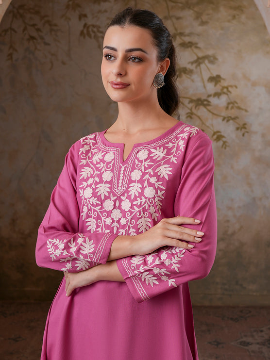 Qazmi Women's Kashmiri A-Line Full Sleeves Viscose Rayon Black Flared Short Kurti