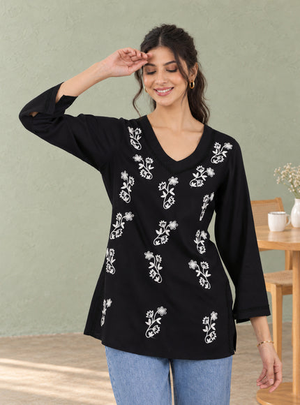 Qazmi Women Kashmiri Aari Embroidered Viscose Rayon Flared Sleeves Short Kurti