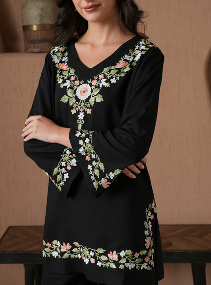 Qazmi Women's Aari Work V-Neck Black CoOrd Set