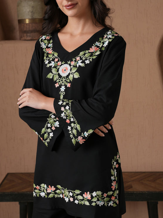 Qazmi Women's Aari Work V-Neck Black CoOrd Set