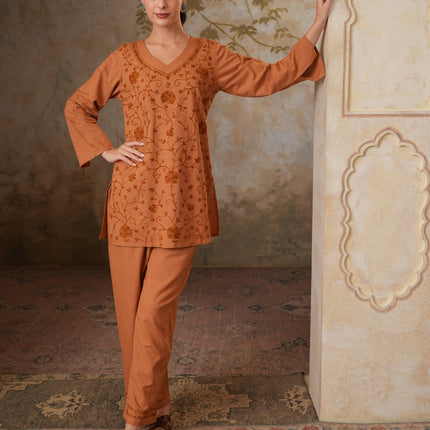 Qazmi Women's Kashmiri Aari Embroidered Cotton Linen V-Neck CoOrd Set