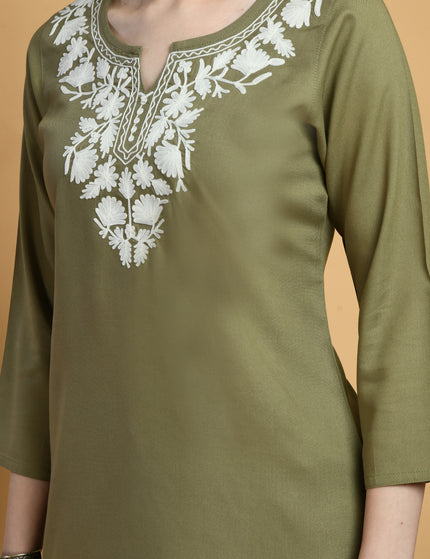 Olive Off White Short Kurti For Women