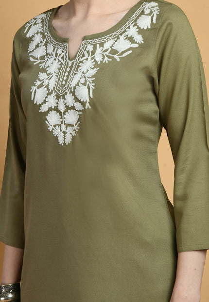 Olive Off White Short Kurti For Women