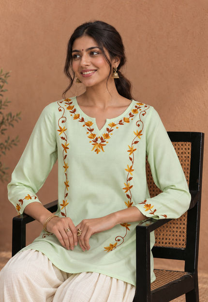 Qazmi Women Kashmiri Aari Embroidered A-Line Viscose Rayon Short Kurti with Full Sleeves