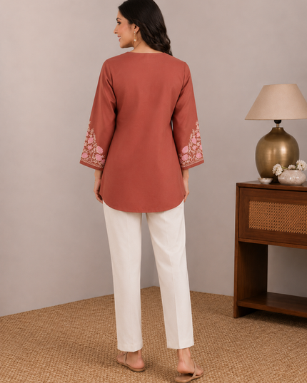 Qazmi Women Aari Embroidered Viscose Rayon A-Line Short Kurti with Full Sleeves