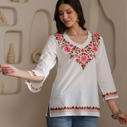 Qazmi Women's Nafisa Kashmiri Aari Work V-Neck Blue Kurti