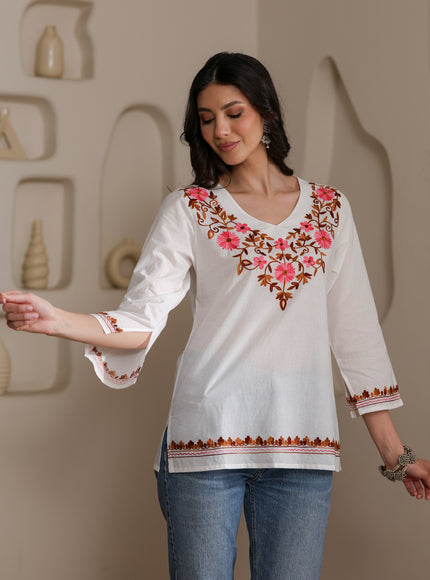 Qazmi Women's Nafisa Kashmiri Aari Work V-Neck Blue Kurti