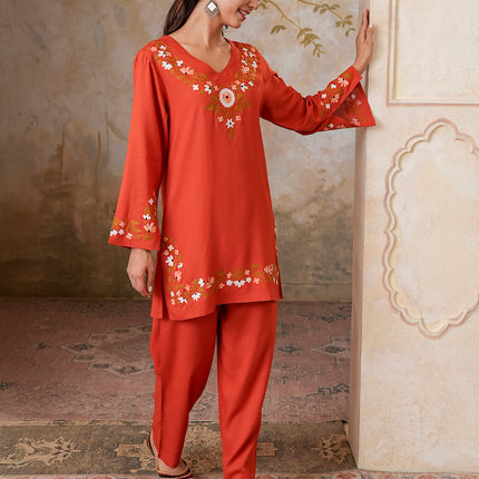 Qazmi Women's Aari Work V-Neck Black CoOrd Set