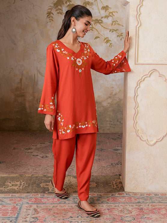 Qazmi Women's Aari Work V-Neck Black CoOrd Set