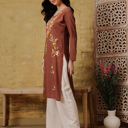 Qazmi Women's Sahar Kashmiri Aari Work Straight Kurta