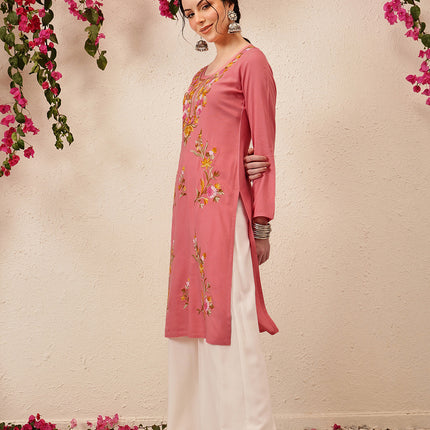 Qazmi Women's Sahar Kashmiri Aari Work Straight Kurta