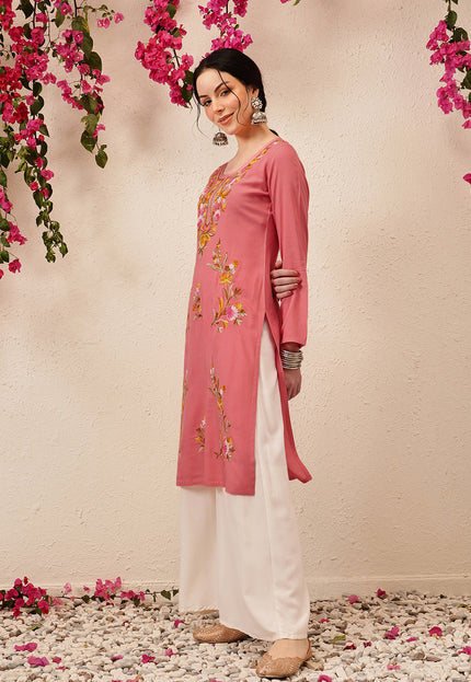Qazmi Women's Sahar Kashmiri Aari Work Straight Kurta