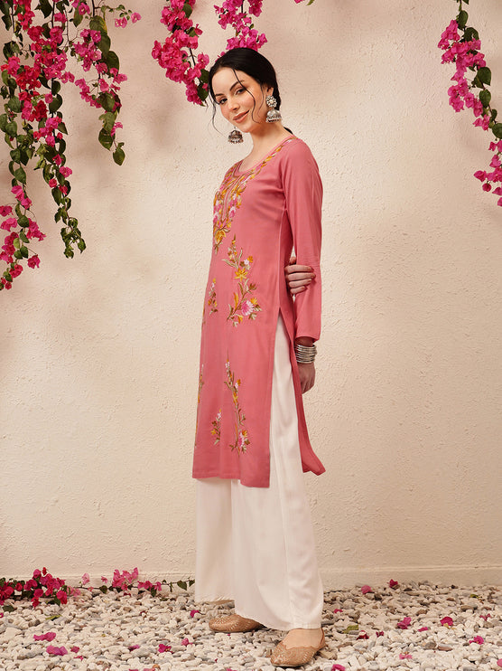 Qazmi Women's Sahar Kashmiri Aari Work Straight Kurta