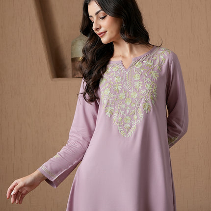 Qazmi Women's Kashmiri A-Line Full Sleeves Viscose Rayon Black Flared Short Kurti