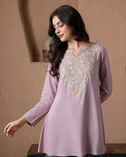 Qazmi Women's Kashmiri A-Line Full Sleeves Viscose Rayon Black Flared Short Kurti
