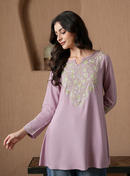 Qazmi Women's Kashmiri A-Line Full Sleeves Viscose Rayon Black Flared Short Kurti