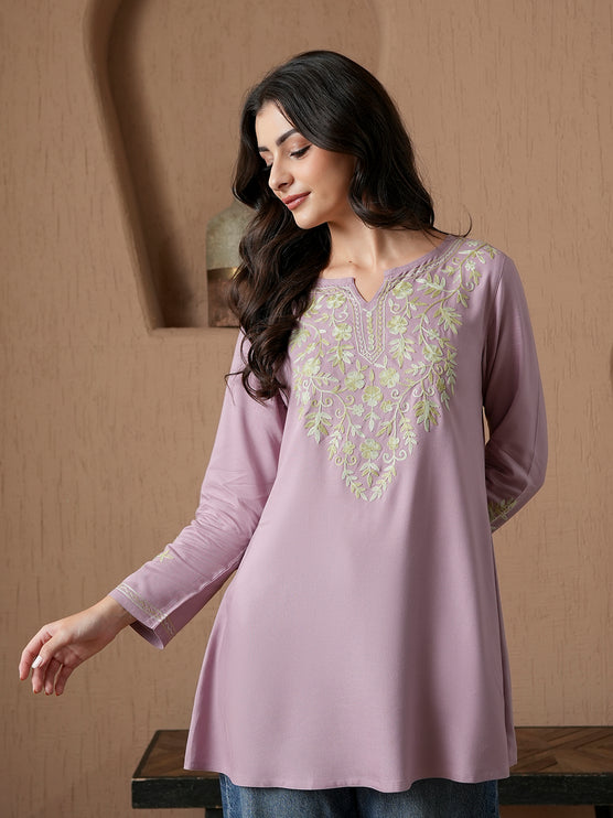 Qazmi Women's Kashmiri A-Line Full Sleeves Viscose Rayon Black Flared Short Kurti