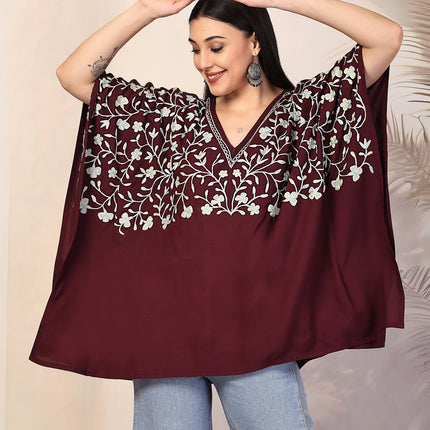 QAZMI Sheen V-Neck Flared Sleeves Kashmiri Aari Work Kaftan Kurti