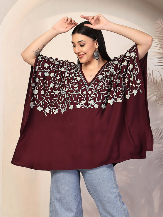 QAZMI Sheen V-Neck Flared Sleeves Kashmiri Aari Work Kaftan Kurti