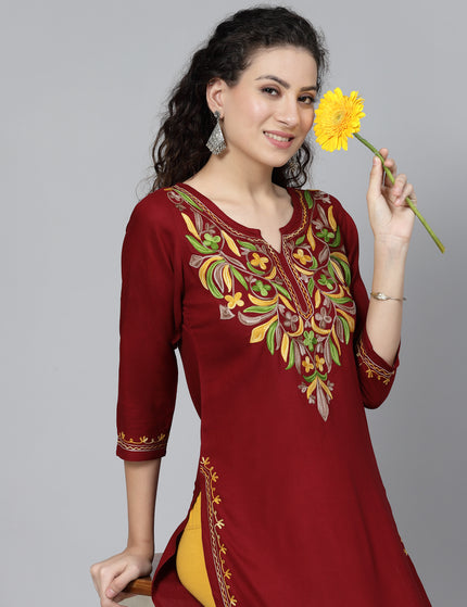 Maroon Multi-Design Aari Long Kurti For Women