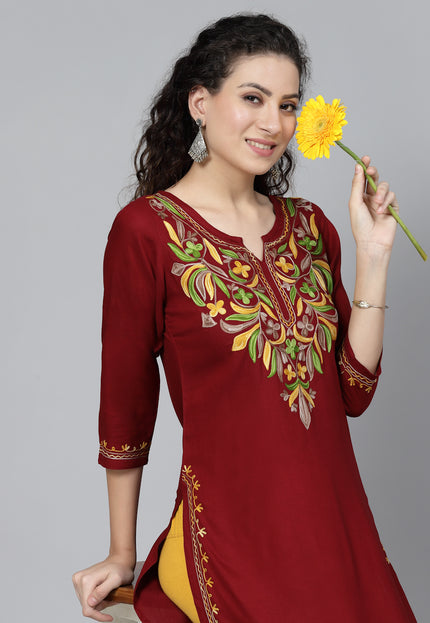 Maroon Multi-Design Aari Long Kurti For Women
