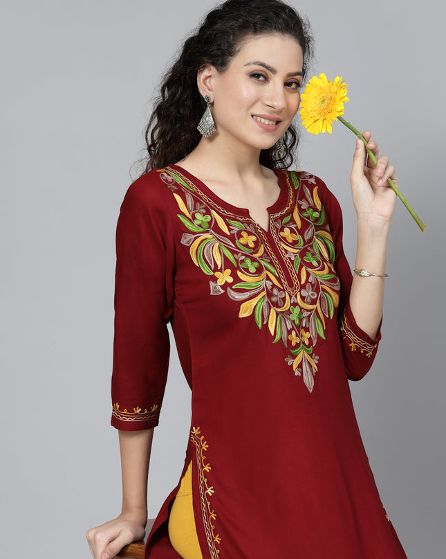 Maroon Multi-Design Aari Long Kurti For Women