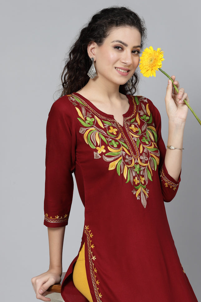 Maroon Multi-Design Aari Long Kurti For Women
