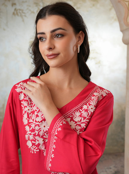 Qazmi Women's Kashmiri Aari Work Red CoOrd Set