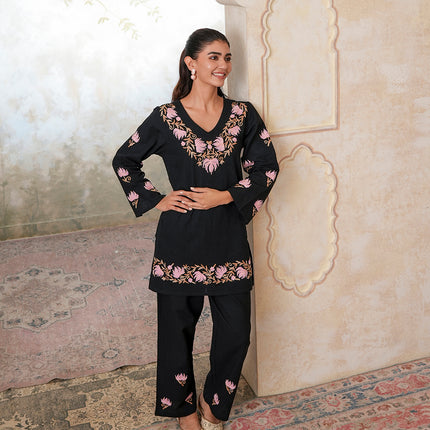 Qazmi Women's Kashmiri Chinarkari Work Olive Green CoOrd Set