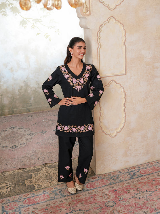 Qazmi Women's Kashmiri Chinarkari Work Olive Green CoOrd Set